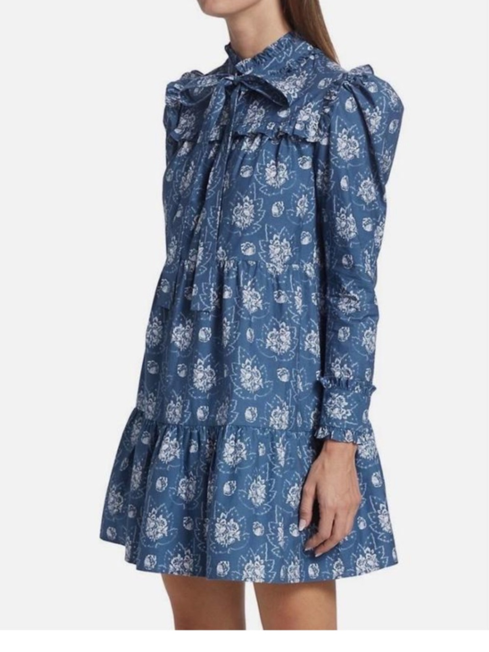 Batsheva Mina Blue Tie Neck Ruffled Floral Print Cotton Mini Dress Size 6